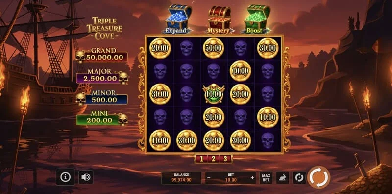 Triple Treasure Cove - pangunahing screen na may mga reel at isang pirated cove